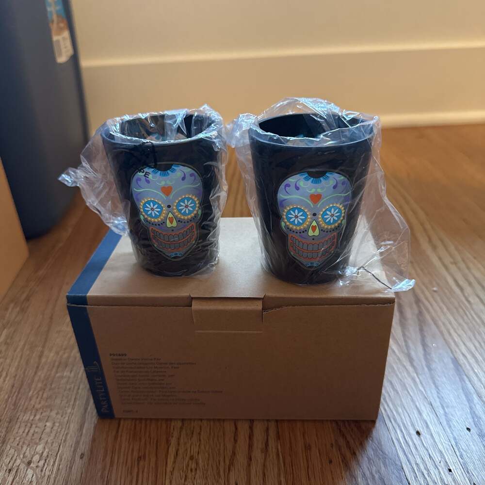 PartyLite Skeleton Dance Votive Candle Holders Pair Skull Day Of The Dead Mask